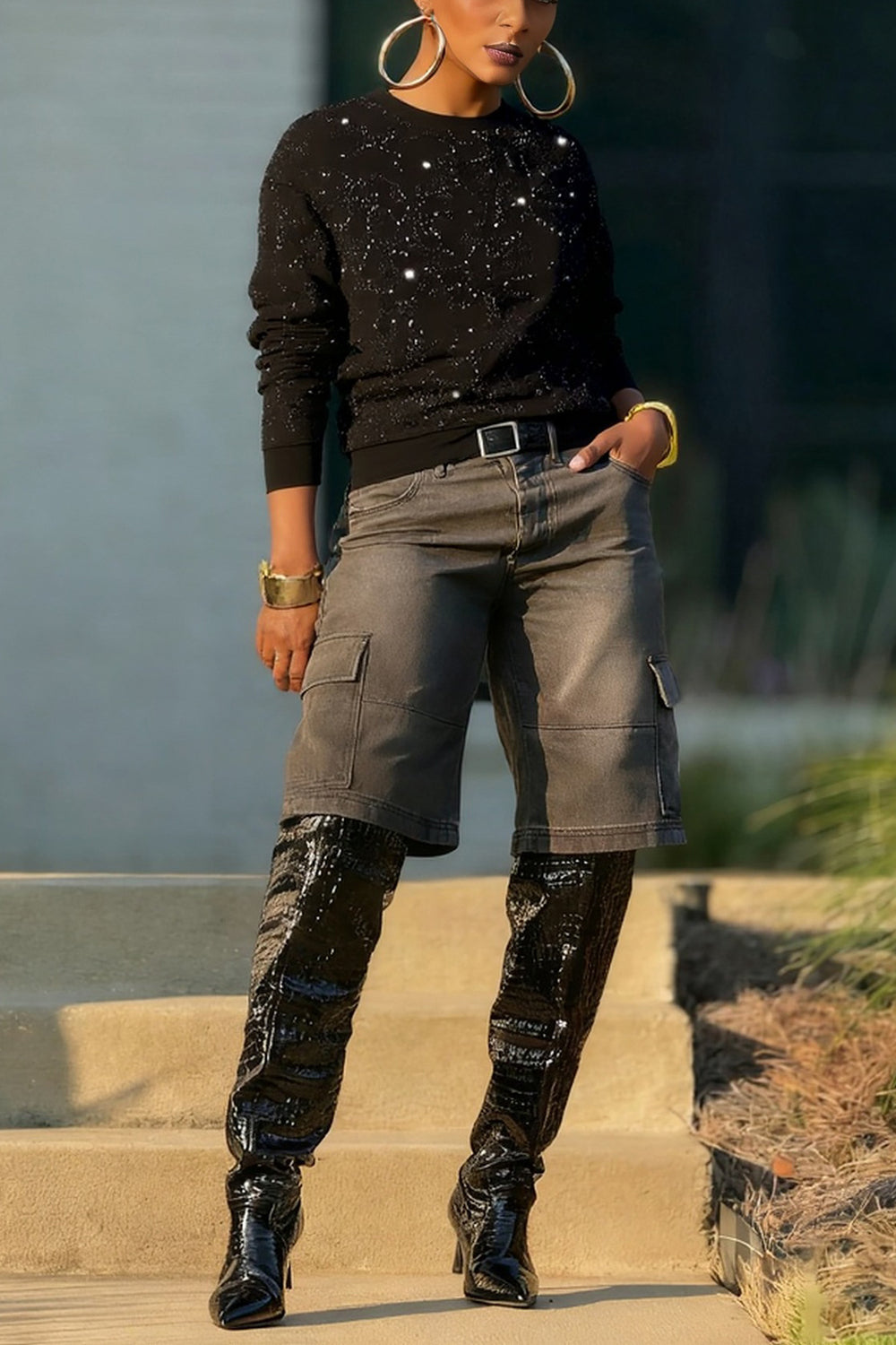 Casual Crew Neck Sequined Long Sleeve Sweatshirt*