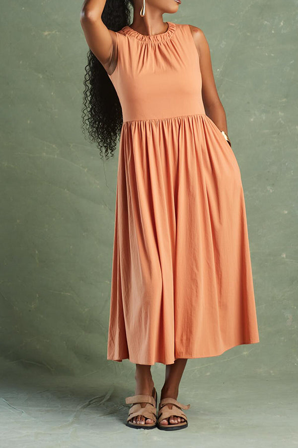 Casual Pleated Crew Neck Dress