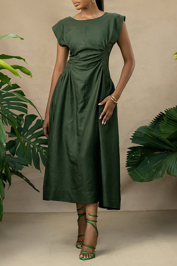 Stylish Pleated Pockets A-Line Dress