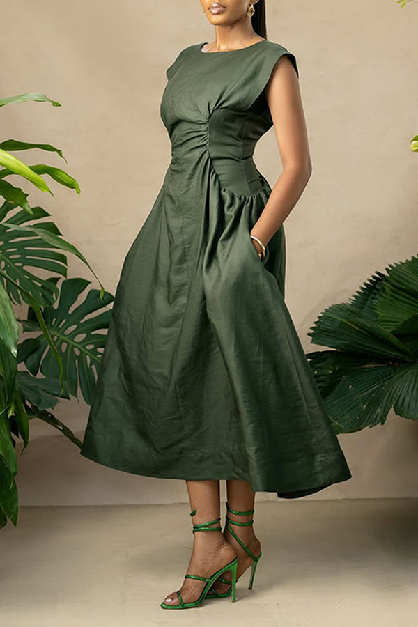 Stylish Pleated Pockets A-Line Dress