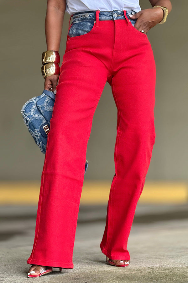 Stylish Acid Wash Denim Contrast Pockets Pants