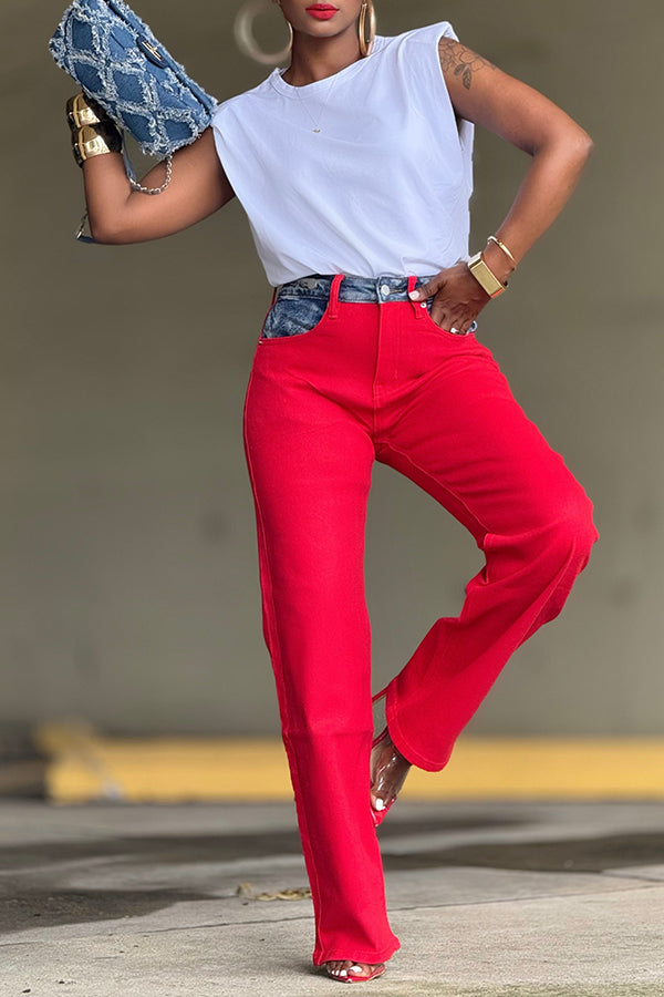 Stylish Acid Wash Denim Contrast Pockets Pants