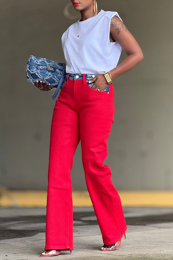 Stylish Acid Wash Denim Contrast Pockets Pants