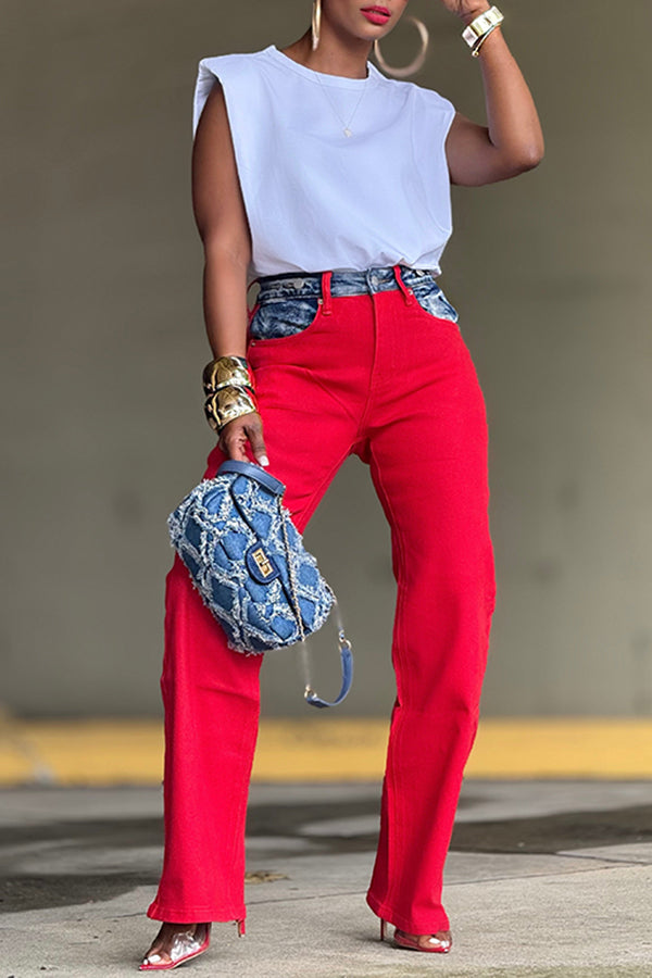 Stylish Acid Wash Denim Contrast Pockets Pants