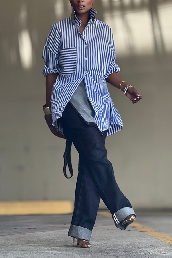 Stylish Pocket Button Down Striped Shirt