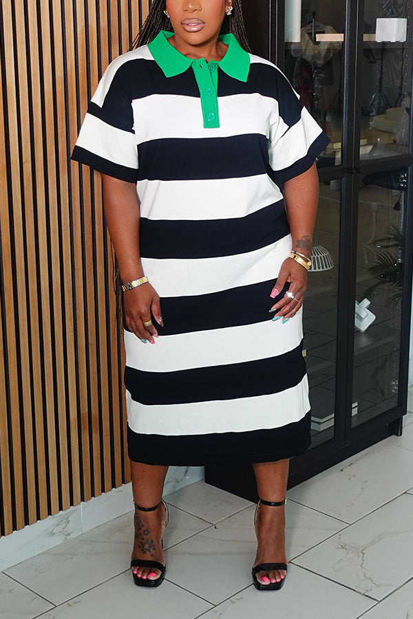 Casual Striped Contrast Shirt Midi Dress