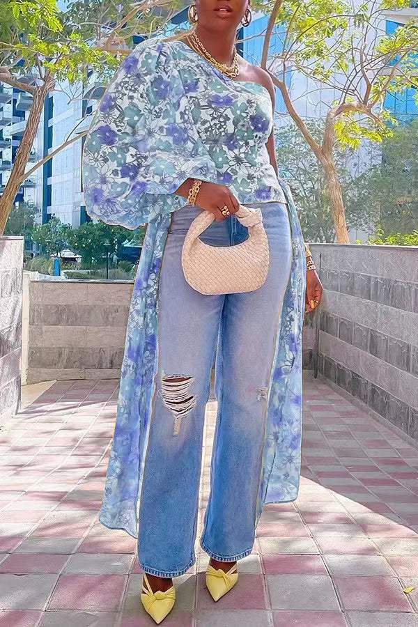 One Shoulder Drapped Side Print Top