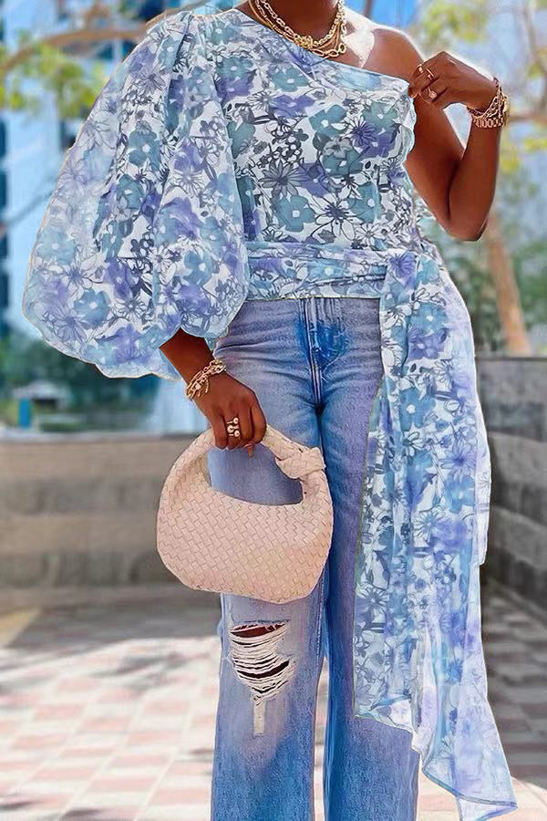 One Shoulder Drapped Side Print Top
