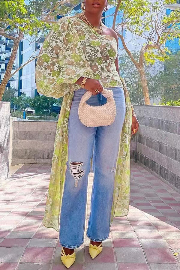 One Shoulder Drapped Side Print Top