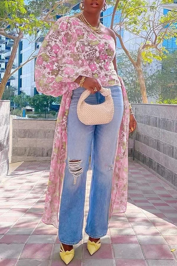 One Shoulder Drapped Side Print Top