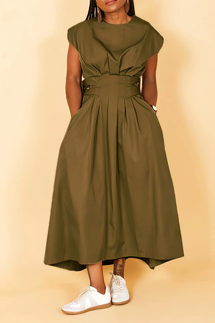 Fashion High Plicated Waist Slant Pocket Dress