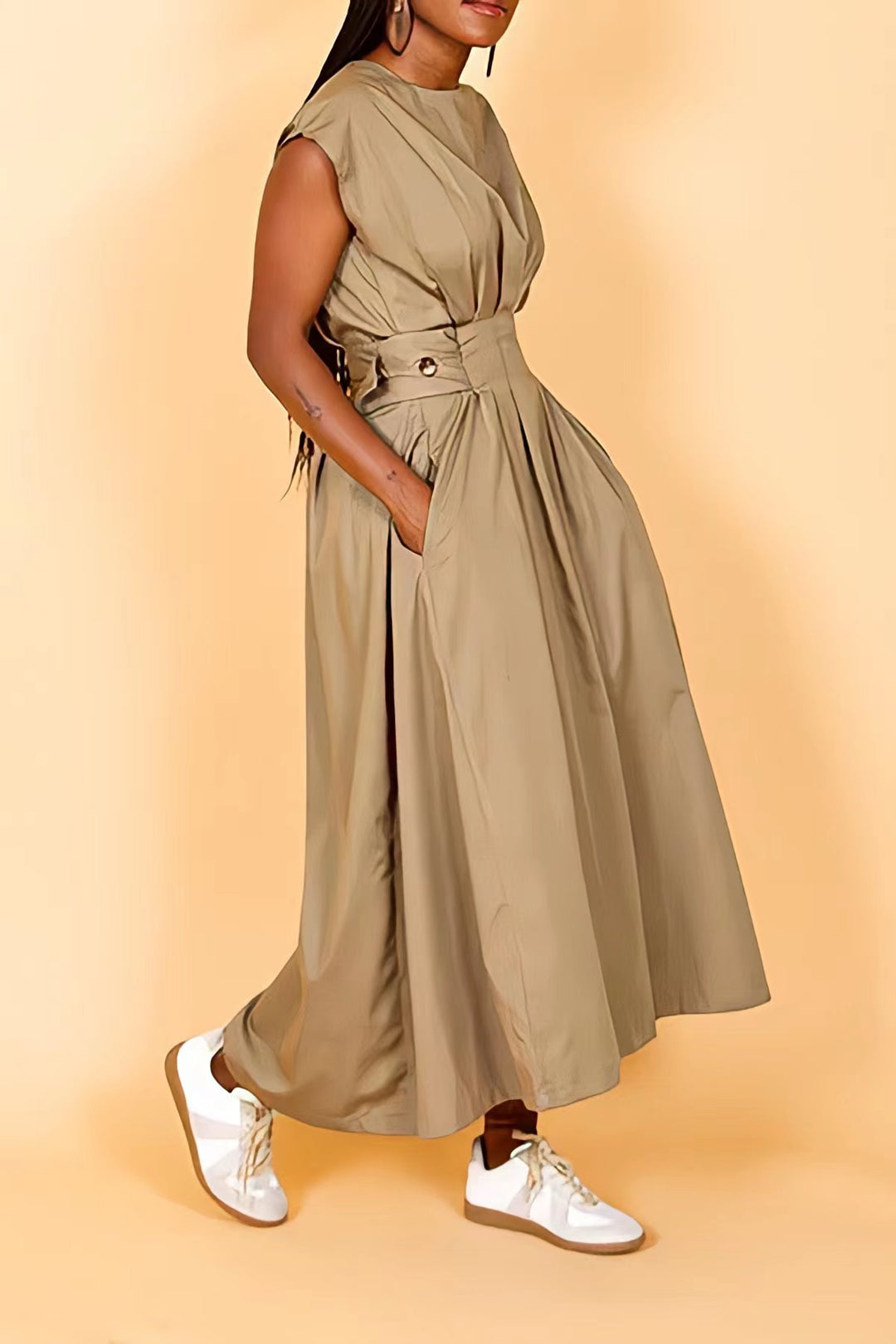 Fashion High Plicated Waist Slant Pocket Dress